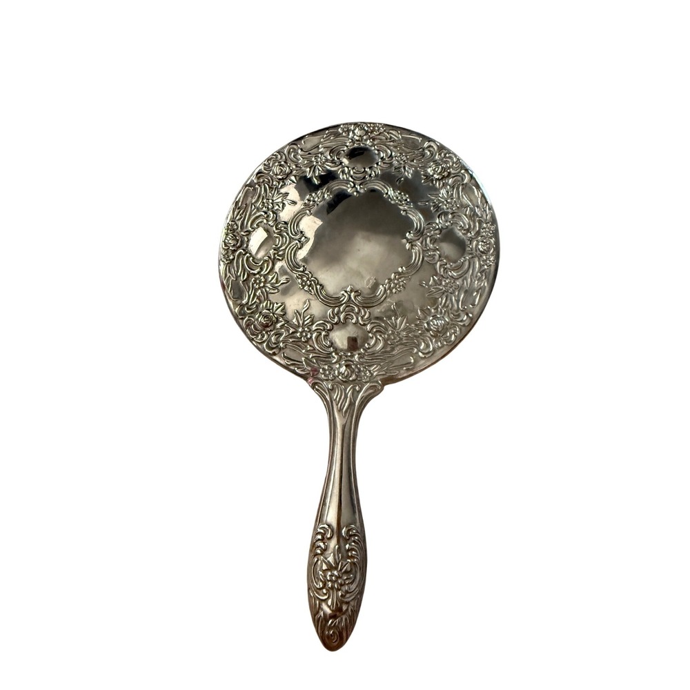 Vintage Silver Ornate Floral Repousse Hand Mirror Victorian Style Vanity Decor